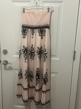 Smocked Strapless Maxi Dress in Pale Pink with Black Embroidery
